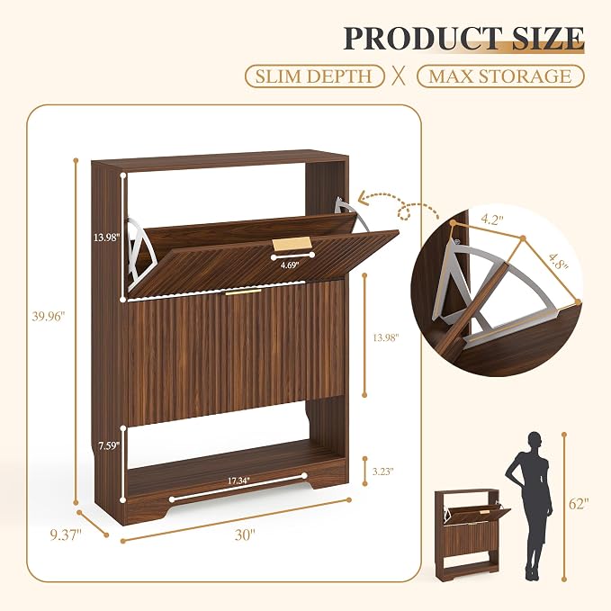 Garvee Shoe Storage Cabinet with 2 Flip Drawers,Slim Fluted Shoe Rack Cabinet with Open Storage,Wooden Hidden Shoe Rack Freestanding Narrow Shoes Organizer for Hallway, Entrance,Foyer,Walnut