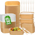 50 Pack 25Oz Disposable Meal Prep Containers With Lids and Forks-Disposable Kraft Paper Bowls-to go food containers-Microwavable and Freezer Safe Take Out Containers for Hot/Cold Food Prep and Salad