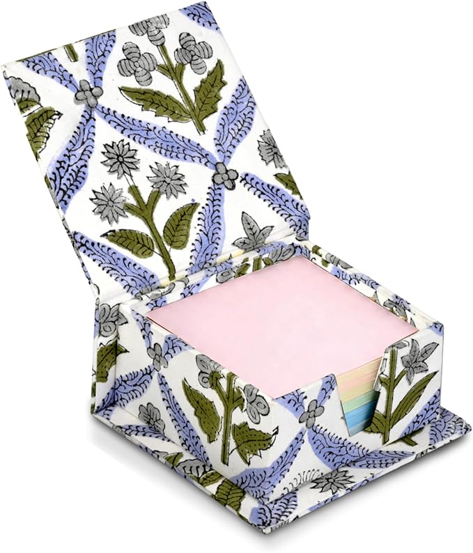 Ridhi Block Print Light Steel Blue Sticky Note Holder Box for Desk, Aesthetic Memo Pad Organizer, Sticky Note Box Decorative Office Accessory, Stationery Gift for Teachers, Students, Professionals