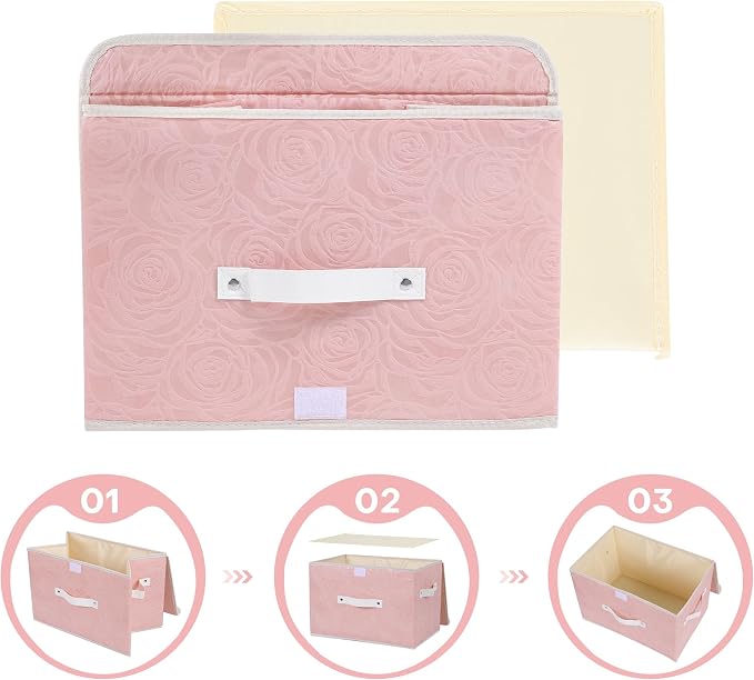 ANMINY 4PCS Fabric Storage Bin with Lid Rose Print Storage Box Basket with PU Leather Handles Washable PP Plastic Board Decorative Foldable Lidded Shelf Cubes Closet Organizer - Pink, Large Size