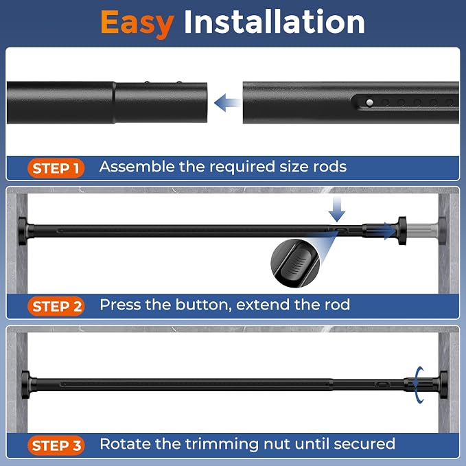 ALLZONE Adjustable Tension Curtain Rod, 40-121 inches, Heavy Duty Curtain Rods No Drilling, Anti-Slip Tension Rod for Window, Shower, Outdoor & Patio, Easy to Install, 1.26In Diameter, Black