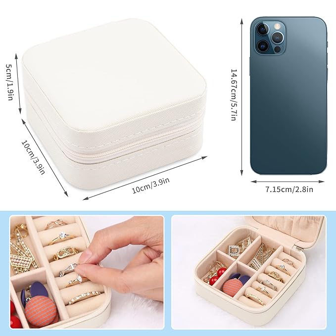 Neveika Portable Travel Mini Jewelry Box Leather Jewellery Ring Organizer Case Storage Gift Box Girls Women (white).