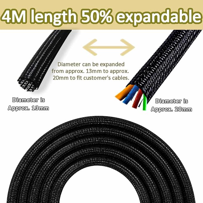 13 1/8ft -1/2 Inch Cord Management Sleeve Braided Split Black Cable Protectors Pet Proof - Braided Self-Wrapping Wire Loom Tube for Desk PC/TV/Computer/Projector/Home Theater/Engine Bay
