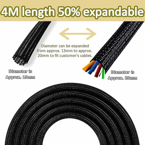 13 1/8ft -1/2 Inch Cord Management Sleeve Braided Split Black Cable Protectors Pet Proof - Braided Self-Wrapping Wire Loom Tube for Desk PC/TV/Computer/Projector/Home Theater/Engine Bay