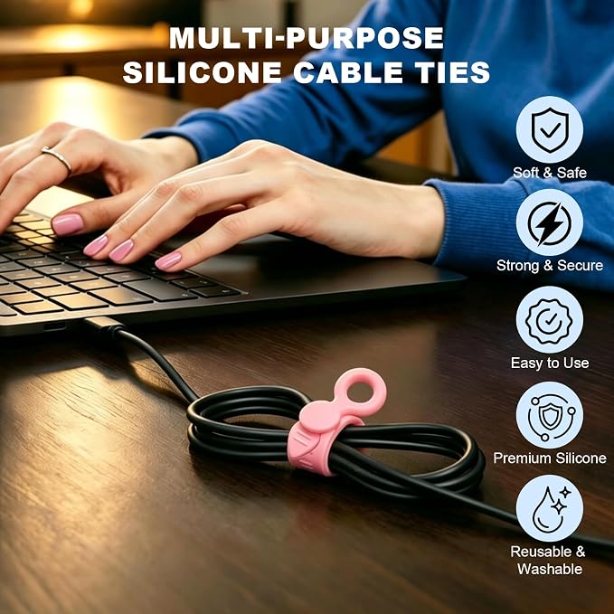 30Pcs Silicone Cable Ties Reusable Wire Organizer Straps for Cord Management, Fastening Earphones,Chargers, Home Office,Desk,Kitchen Appliance Cables & Wires Cable Ties Cord Organizers(5 Colors)