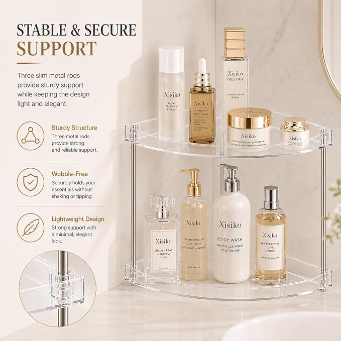 2 Tier Clear Corner Bathroom Counter Organizer, Vanity Countertop Storage Shelf for Makeup, Skincare, Perfume, Kitchen & Sink Organization, Space‑Saving Triangular Design, with Metal Support