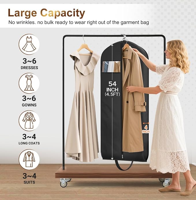 MISSLO 54" Garment Bags for Travel for Women Waterproof Dress Bags for Gowns 4" Gusseted Dress Protector Bag for Closet Storage Clothing Covers for Hanging Clothes Suit Carrier
