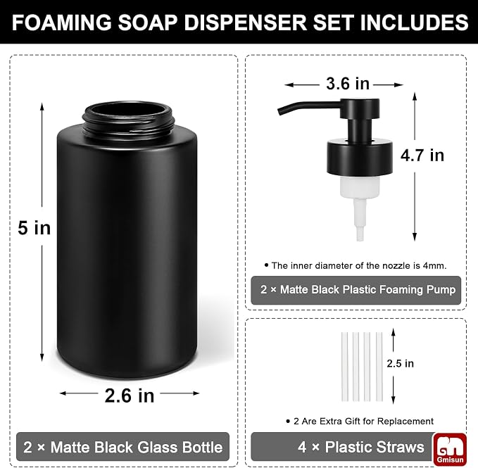 GMISUN Foaming Soap Dispenser, 10 Fl oz/300 ml Matte Black Glass Foaming Hand Soap Dispenser, 2Pcs Hand Soap Dispensers for Bathroom & Kitchen, Refillable Foam Soap Pump Bottle with Waterproof Labels