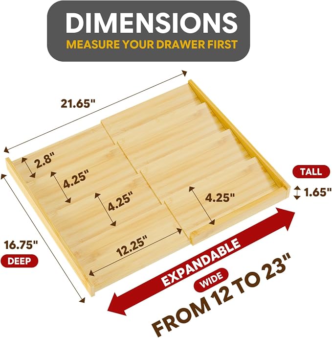 Simple Trending Bamboo Spice Drawer Organizer, 4-Tier Expandable Drawer Seasoning Storage Insert, Kitchen Spice Rack for Cabinet, Countertop (Jars not included, From 12.25" to 21.65" Wide)