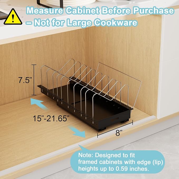 Golener Pots and Pans Organizer Under Cabinet - 22" Deep Expandable | Pot Organizers inside Cabinet with 10 Adjustable Dividers & Handrail, No Drill Pot Lid Holder, Sliding Pot Lid Holder, 1 Pack