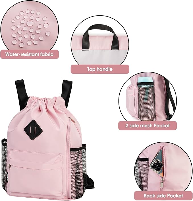 WANDF Drawstring Backpack with Shoe Compartment, Sports Gym Bag | Multi-Pocket Storage, Water-Resistant Fabric, Cinch String Bag