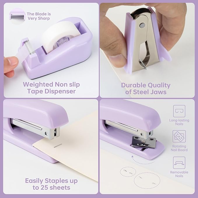 Purple Office Supplies, Kids Office Supplies and Accessories, Office Desk Set with Stapler, Tape Dispenser, Staple Remover, Clips and Scissors for Women, Boss Lady, Coworkers, Office Clerks, Kids