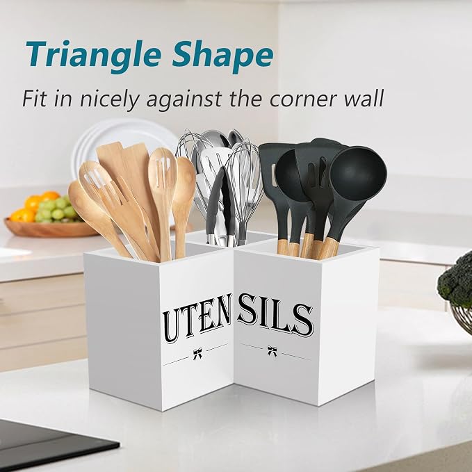 Suli Extra Large Utensil Holder Countertop for Kitchen Counter,Wood,White | Hold 40 Utensils,4 Removable Divider,Rutic Silverware Organizer Caddy,Spacesaving,Farmhouse Cooking Crock for Spatula,Spoon