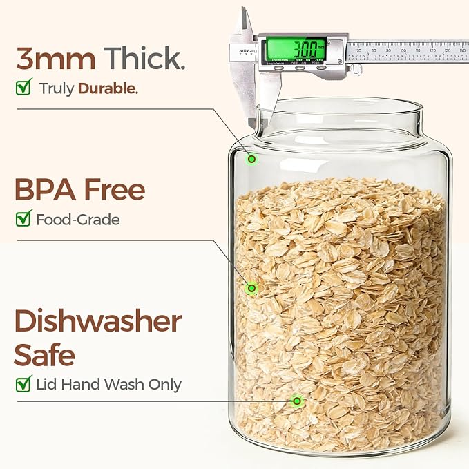 ComSaf 2Pcs (4.2Qt/1Gal) Wide-Mouth Flour Sugar Storage Containers - Include Scoops & Labels, Easy to Scoop & Airtight, Large Glass Jar for Bakers to Store Flour, Rice, and Dry Goods in Kitchen Pantry