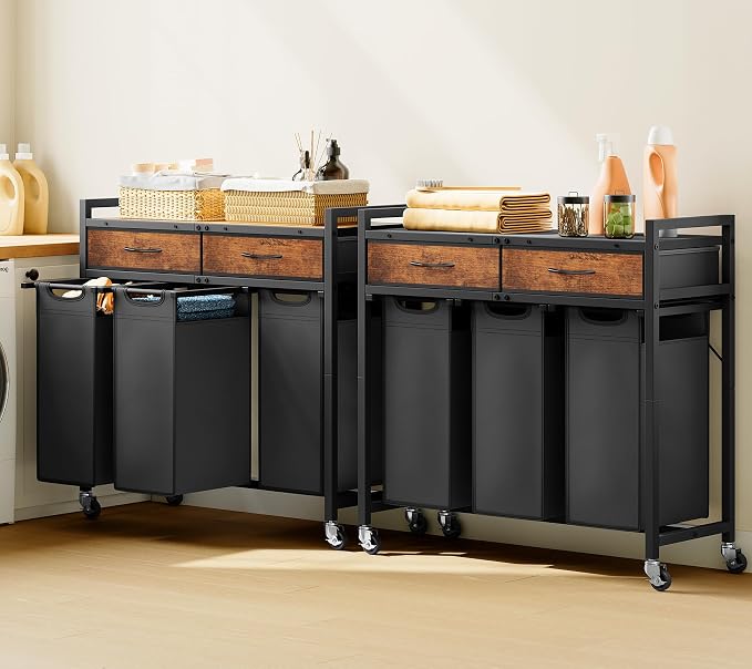 Laundry Sorter 3 Section, 120 L Laundry Hamper with 2 Drawers & 2-tone Top Panel, Rolling Laundry Basket Organizer with Pull-Out Removable Oxford Fabric Bags for Laundry Room Organization