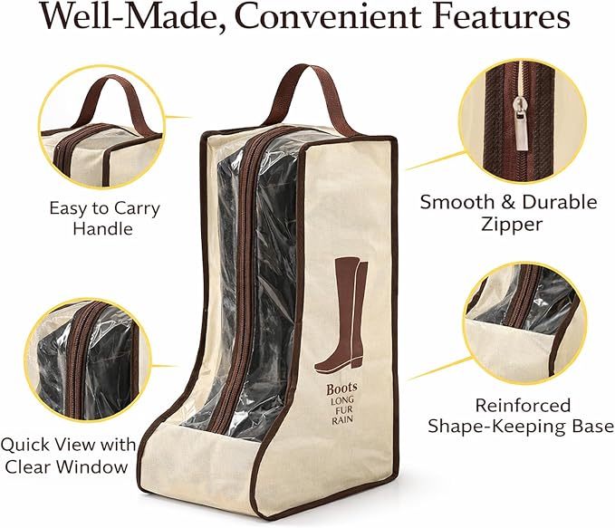 4 Pack Portable Boot Storage Bag,2 Tall & 2 Short Boot Storage Bag with Clear Window, Zipper and Handle, Travel Friendly Shoe Storage for Boots, Closet Organization,Beige