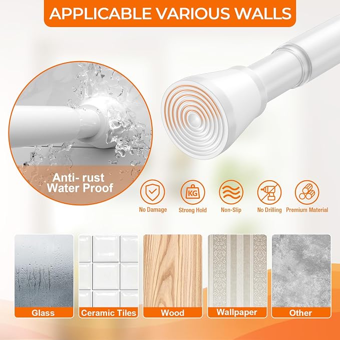 Spring Tension Curtain Rod 45 to 76 Inch 7/8" Diameter No Drilling Adjustable White Curtain Rods for Window Doorway Closet Door Kitchen Bathroom
