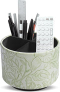 Round Leather Art Supply Organizer,Remote Control Holder,360 Degree Spinning,Multi-Functional Pencil Holder,4 Compartments Desktop Stationary Organizer(1-Carved Green)