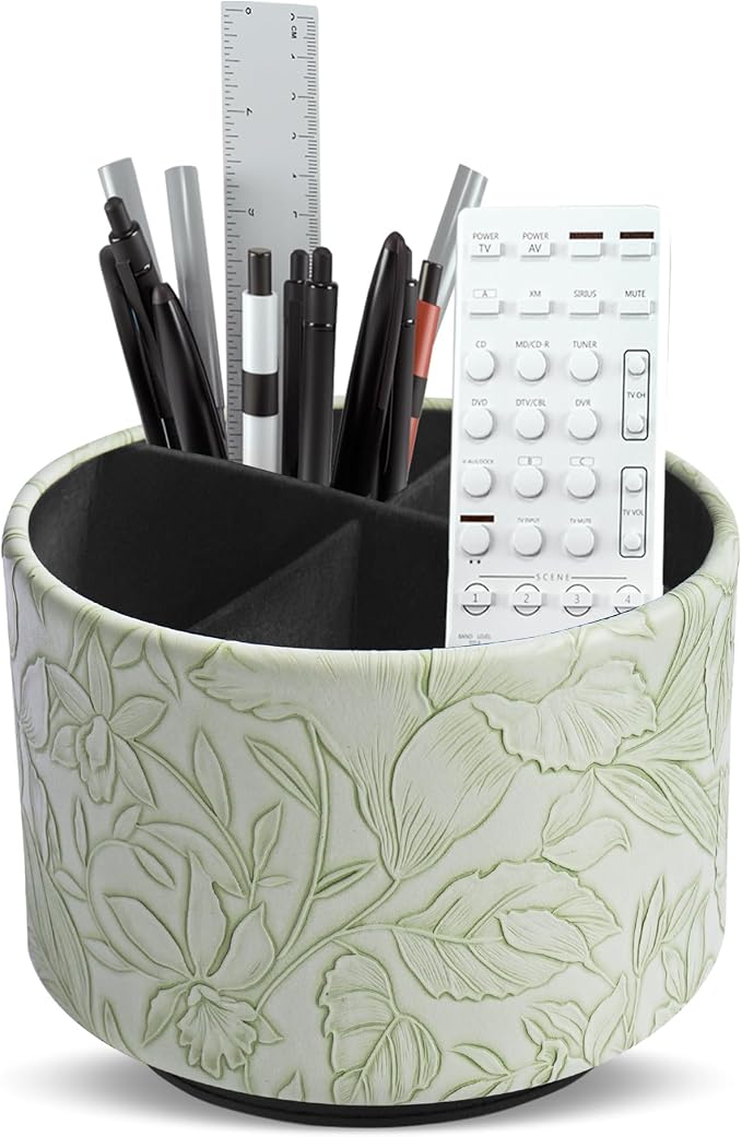 Round Leather Art Supply Organizer,Remote Control Holder,360 Degree Spinning,Multi-Functional Pencil Holder,4 Compartments Desktop Stationary Organizer(1-Carved Green)