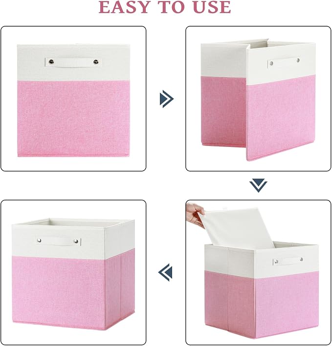 FinishingBo 13 x 13 Inch Fine Linen Storage Bins with Handles，Fabric Cube Boxs，Basket Organizers for Shelves for Home, Closet Drawers (White/Pink-6 Pack)