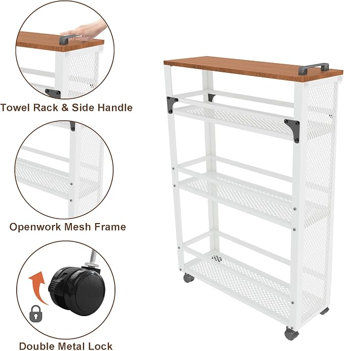 2026 New, Slim Kitchen Storage Cart, 3 Tier Metal Rolling Utility Cart Mesh Basket, Multifunction Wire Basket Shelf Trolley for Home Laundry, Bathroom, Living Room, White