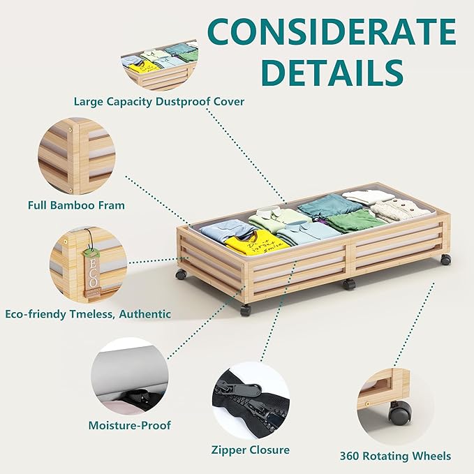 Wisuce 2 Packs Bamboo Under Bed Storage Organizer with Wheels Nature Large | 360° Lockable Wheels,120lbs Load Capacity, Multi-scene ,Dustproof Clear Storage Bag, Large Capacity,Easy Quick Assembly