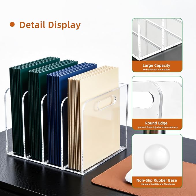 Clear Acrylic Magazine File Holder, 4 Compartment Desk Organizer | 4 spacious vertical compartments hold magazines, files, books & more. Clear acrylic, non-slip base. No assembly, portable.