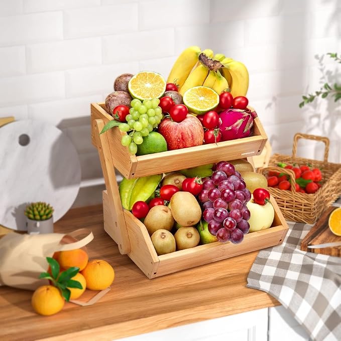 G.a HOMEFAVOR 2-Tier Pine Wood Fruit Basket, Self-assembly | Fruit Bowl for Kitchen Countertop, Vegetable Storage and Home Organizer