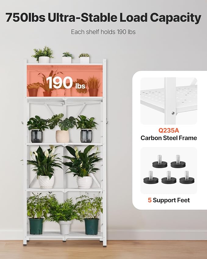 VEVOR 5-Tier Foldable Storage Shelf, 28 W x 15D x 64H Inch Folding Metal Rack Shelving Unit, No Assembly Organizer Shelf with 5 Wheels & 4 Hooks for Pantry, Kitchen, Garage, Basement, White