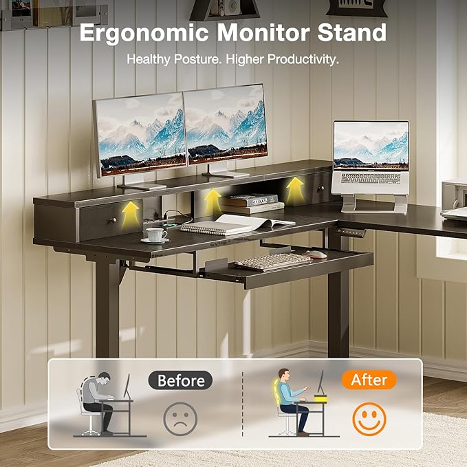 Casaottima 59" L Shaped Electric Standing Desk with Drawers, Black | Monitor Stand, Keyboard Tray, Fabric Drawer, Power Outlets, Height Adjustable Corner Stand Up Desk for Organized Home Office