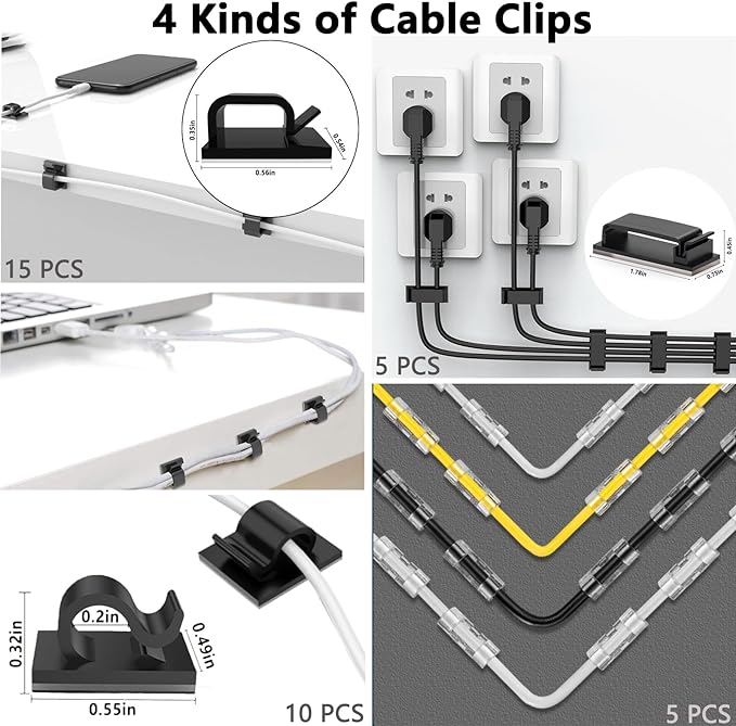 ELII 300PCS Cable Management Kit,4 Cable Sleeve 35 Cable Clips | 11Cord Holders,20 Roll Cable Organizer Straps, 200 Fastening Cable Ties,20 Cable Zip Tie Mounts for Computer TV Under Desk