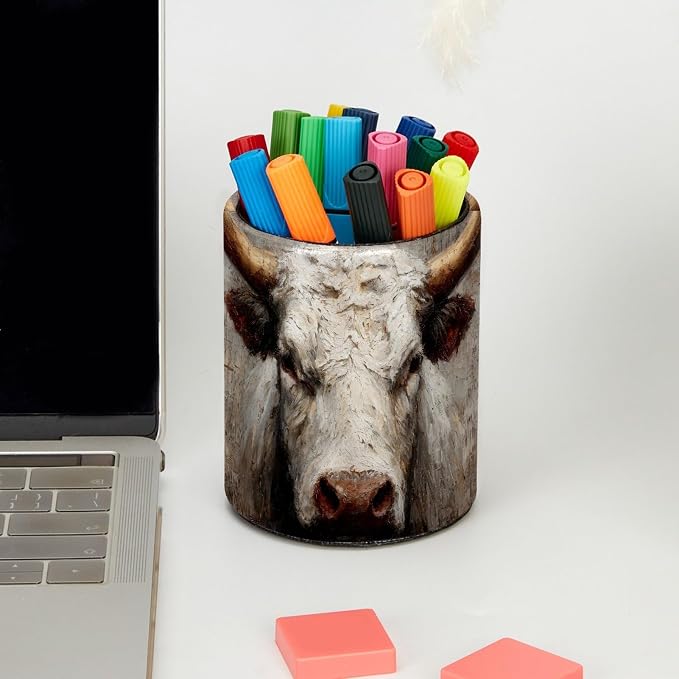 Watercolors Highland Cow Pen Holder Pencil Organizer for Desk, 3.1” x 3.1” x 3.9” Pencil Cup Office Supplies, Large Capacity Cute Pen and Makeup Brush Holder for Desktop, Home, School