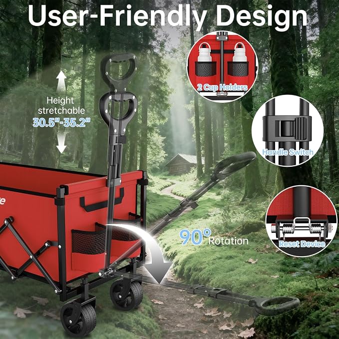 Extra Long Collapsible Wagon Cart, 480LBS Heavy Duty Utility Wagons with All-Terrain Wheels, Foldable Grocery Carts for Gardening, Shopping, Beach, Camping, Cherry Red