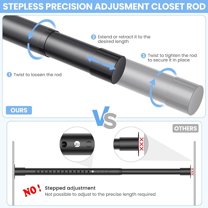 Closet Rods for Hanging Clothes, 17 to 54 Inch Stepless Adjustable Closet Rod, 1.3 Inch Diameter Metal Heavy Duty Closet Hanging Rod for Closet Wardrobes Laundry RV, Black