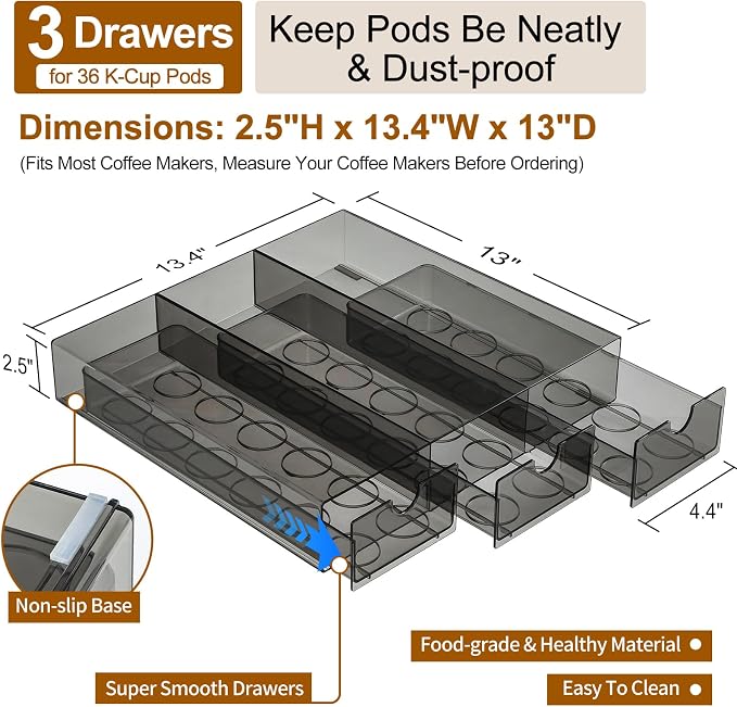 Sturdy Acrylic Coffee Pod Holder Organizer for K Cup, Under Brewer Sliding Drawer for K-cup, 36 Pods Storage for Kpods - Coffee Accessories for Keurig/Other Coffee Maker on Counter, Clear Black