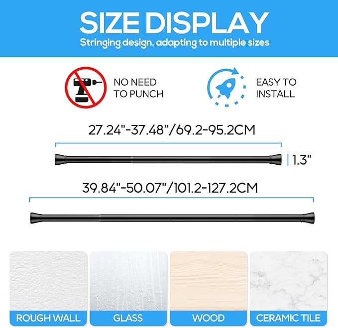 Tension Curtain Rod Black Tension Rod 28 To 48 Inch Spring Curtain Rods Non Slip Tension Rods 1pcs For Windows No Drilling Adjustable Tension Rods of Curtains Window Closet Kitchen Wardrobe