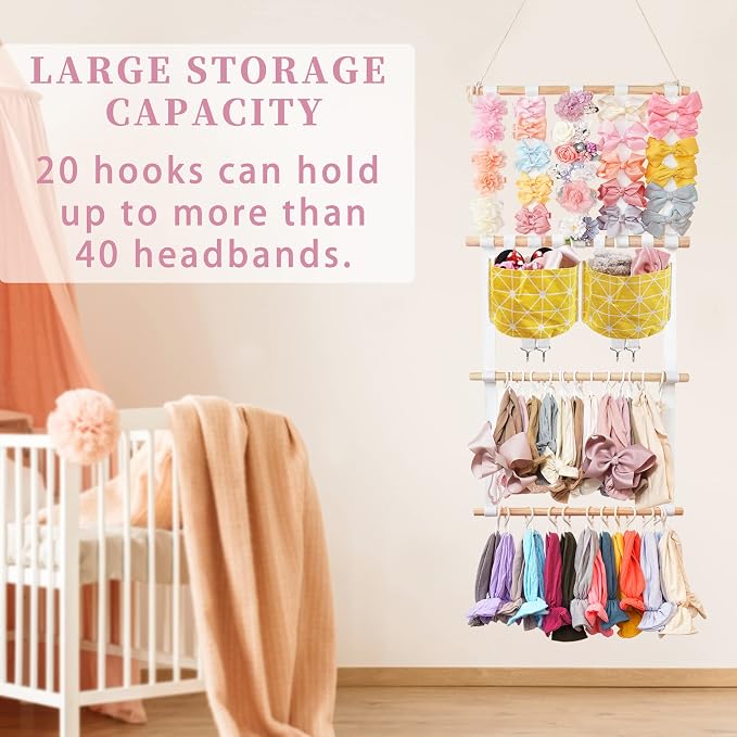 kangaroo Hairband Organizer for Baby Girls, Large Capacity Bow Holder Hair Accessories Wall Hanging Organizer with 20 S-hooks and 2 Pockets, Yellow | Multi-pocket&Large Capacity | Wall Hanging-15"L x 30"H | Easy to Grab | Nursery Essentials | Baby's bo...