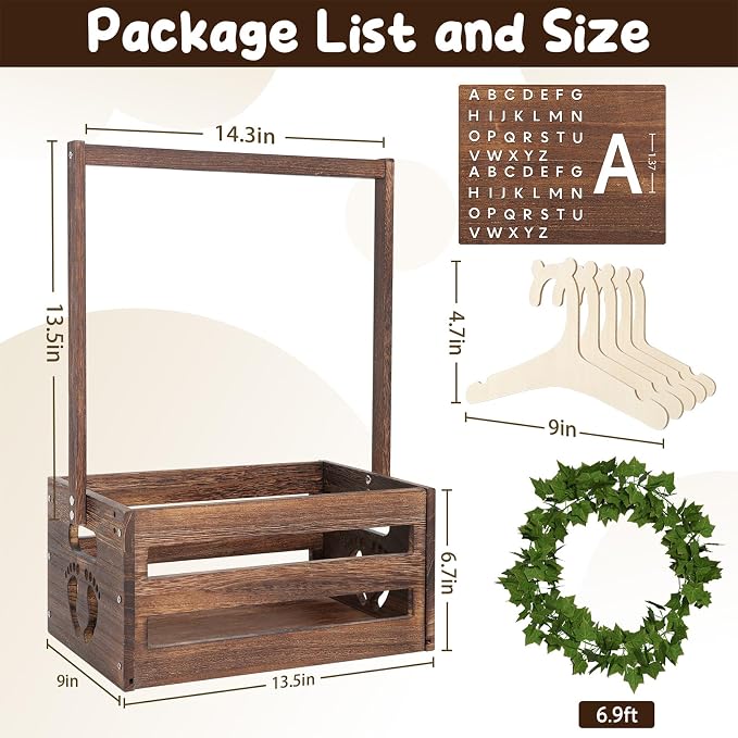 Baby Shower Gifts Basket Wooden Crate, Personalized Wooden Letters and Clothes Hangers New Born Baby Girl Boy Gifts Vine Decorations Cute Closet with Handle Pregnancy Gifts for New Mom Parents Brown