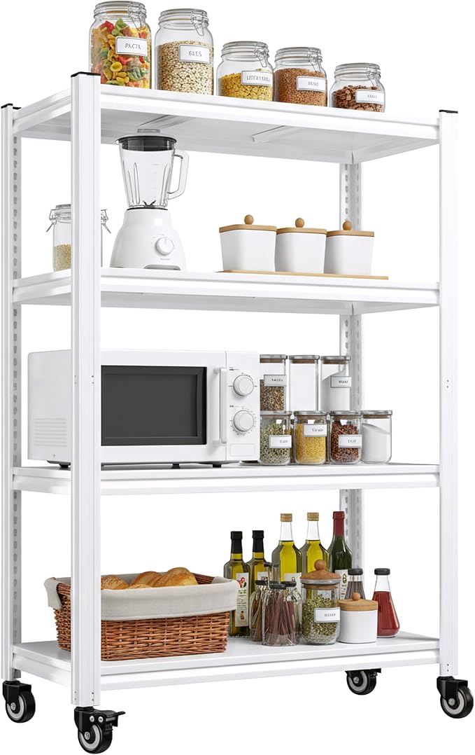REIBII Adjustable Rolling Storage Shelve for Kitchen Pantry Closet Boutique | 2080 LBS capacity,59.8" H x 31.5" W x 16.5" D,4 Tier,White,Solid metal panels,360°wheels with lock,Boltless 10min assembly
