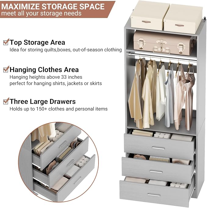 Besiost Closet System Set of 4, 8FT Closet Systems with 12 Wood Drawers, 96" Closet Organizer System with 4 Hanging Rods & 4 Shelves, Heavy Duty 96 Inch Walk-in Closet, Grey (96"L x 15" W x 80" H)