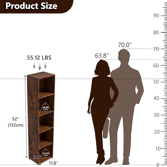5-Tier Wooden Cube Storage Organizer, 52 Inch Tall Bookcase & Display Shelf with 5 Open Cubes, Freestanding DIY Closet Shelving Unit for Living Room Office(Retro Brown, 5 Cube-W(11.8inch)