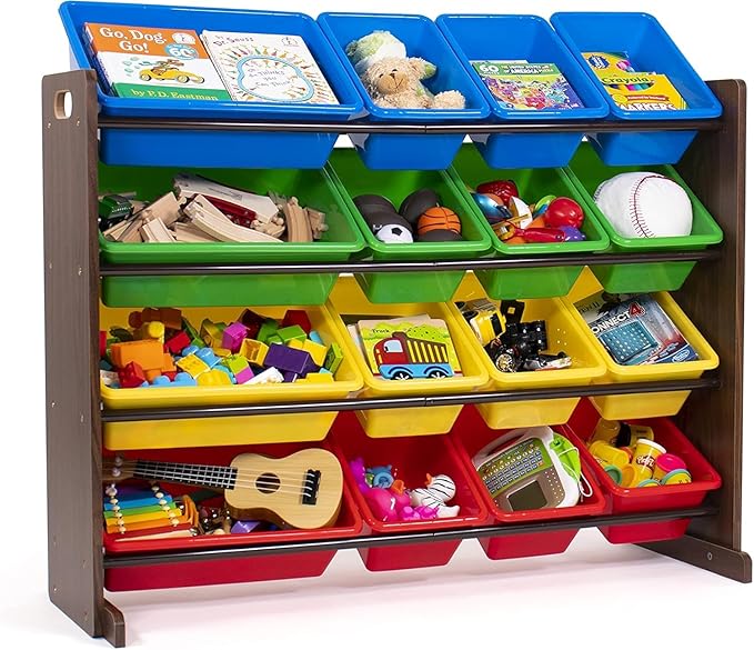 Humble Crew Toy Storage Organizer with 16 Removable Storage Bins for Kids Playroom, 4-Tier Toddler Toy Organization and Storage, Walnut/Primary