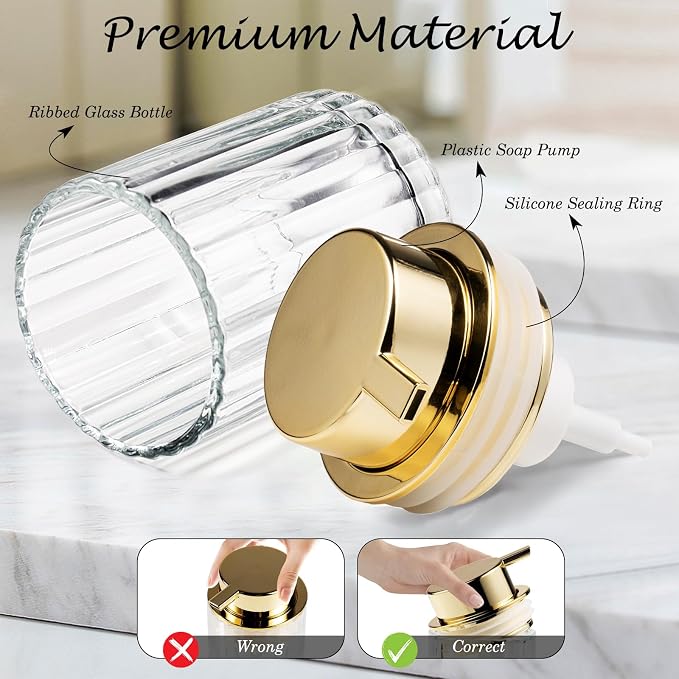 Amolliar Foaming Soap Dispenser, Plastic Pump Clear Glass Soap Dispenser, 8OZ Refillable Hand Soap Dispenser for Bathroom, Kitchen, Shower, Soap Pump Bottle for Liquid or Lotion Dispenser(Gold 2 Pack)