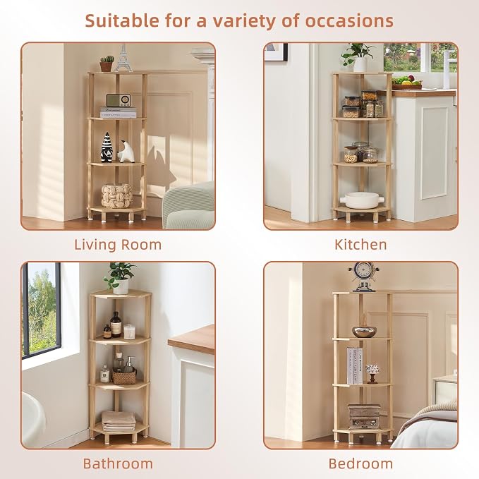 YUFAM 4-Tier Corner Shelf with Sturdy 5-Leg Base, Wooden Corner Bookshelf for Small Spaces, Corner Standing Shelf for Living Room, Bedroom, Bathroom, Natural