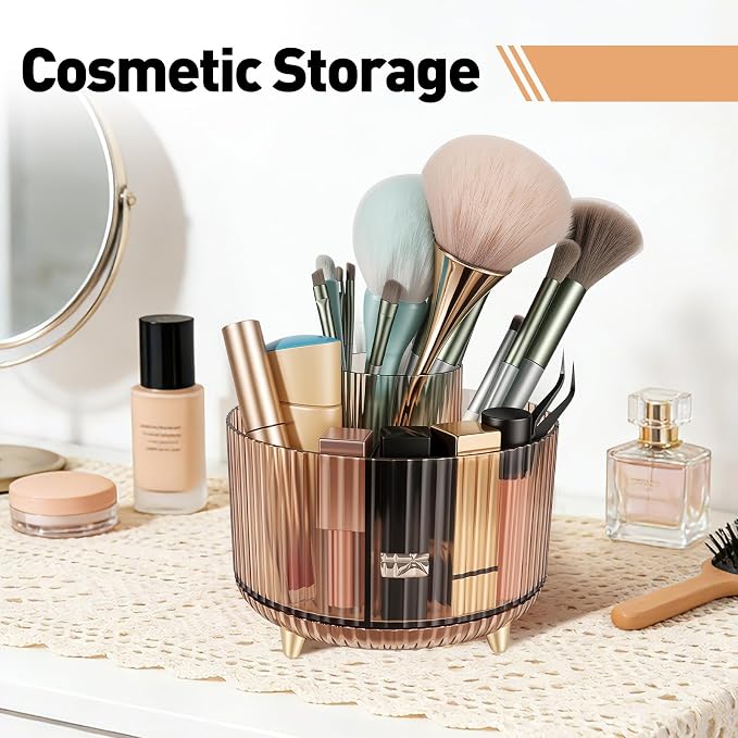 360 Rotating Pen Pencil Holder for Desk, Pen Organizer with 5 Slots, Makeup Brush Holder, Desk Organizer and Accessories, Cute Pencil Cup Caddy for Office School Home Decor Art Supply (Amber)