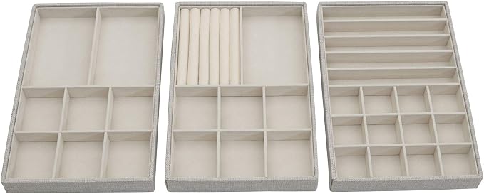 Household Essentials Grey Stacking Jewelry Organizer Box Tray Set with Removable Lid Fabric (744-1)