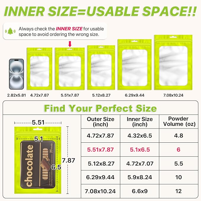 100 PCS Resealable Mylar Bags with Frosted Clear Window Packaging Bags Foil Pouch Zipper Bag for Food Self Sealing Storage Supplies (5.51x7.87, Green)