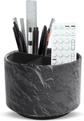 Round Leather Art Supply Organizer,Remote Control Holder,360 Degree Spinning,Multi-Functional Pencil Holder,4 Compartments Desktop Stationary Organizer(1-Hill Black)