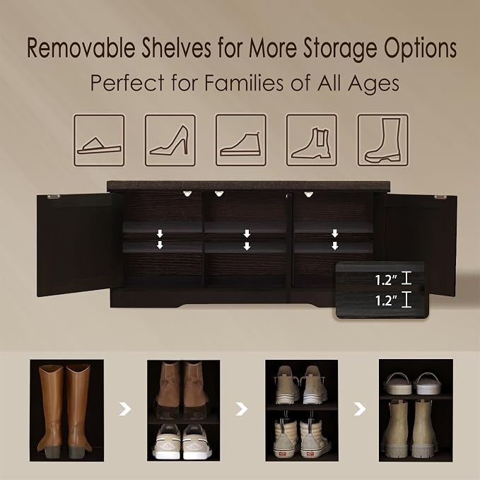 DINZI LVJ Shoe Storage Bench with Cushion, Entryway Bench with Seat & Doors | 2-Tier Cabinet Bench Fits 6 Shoes, Adjustable Shelves for Boots, Easy Assembly, Farmhouse, Bedroom, 39.4"W, Rattan, Espresso