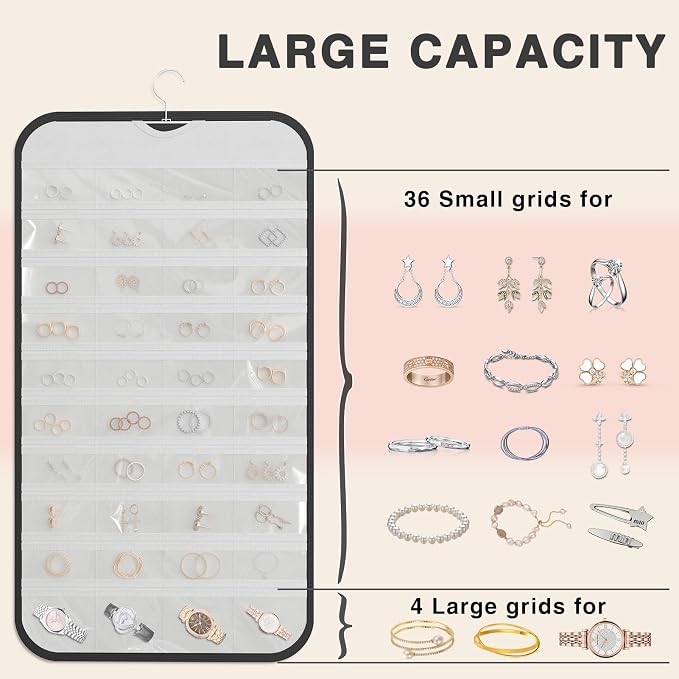 Hanging Jewelry Organizer for Necklaces Earrings, 1-Pack, Black and White | Foldable Double-Sided 36 hooks & 40 clear pockets; swivel hook fits walls, doors & rods for earrings, bracelets, rings